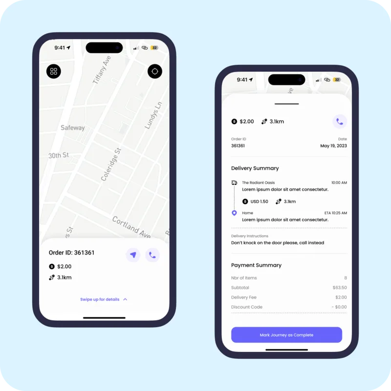 Delivery summary and payment breakdown with a complete-journey action