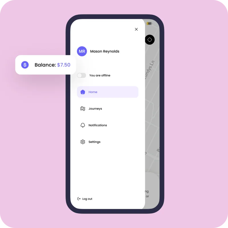 Driver menu showing account balance and navigation options