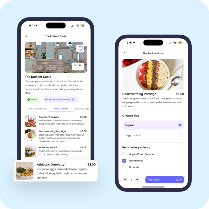 Upzaar ordering app: browsing a restaurant and customizing an order