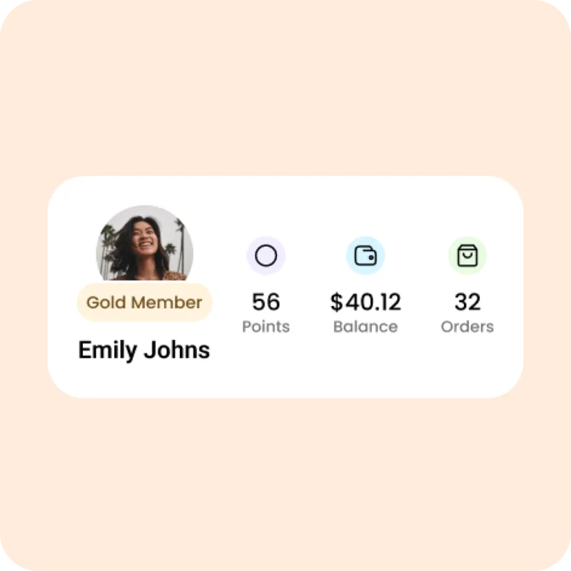 Loyalty card showing member tier, points, balance, and order count