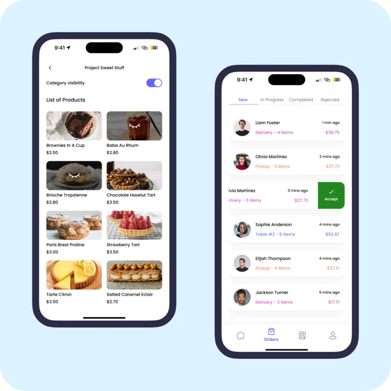 Upzaar vendor app showing menu setup and an incoming orders list