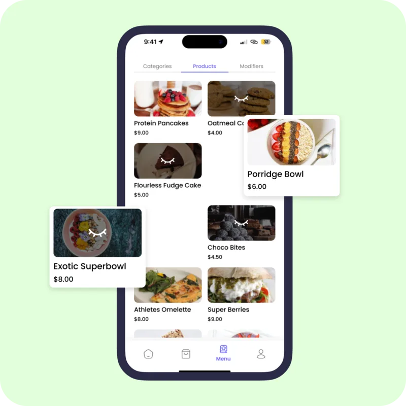 Menu management screen with product listings